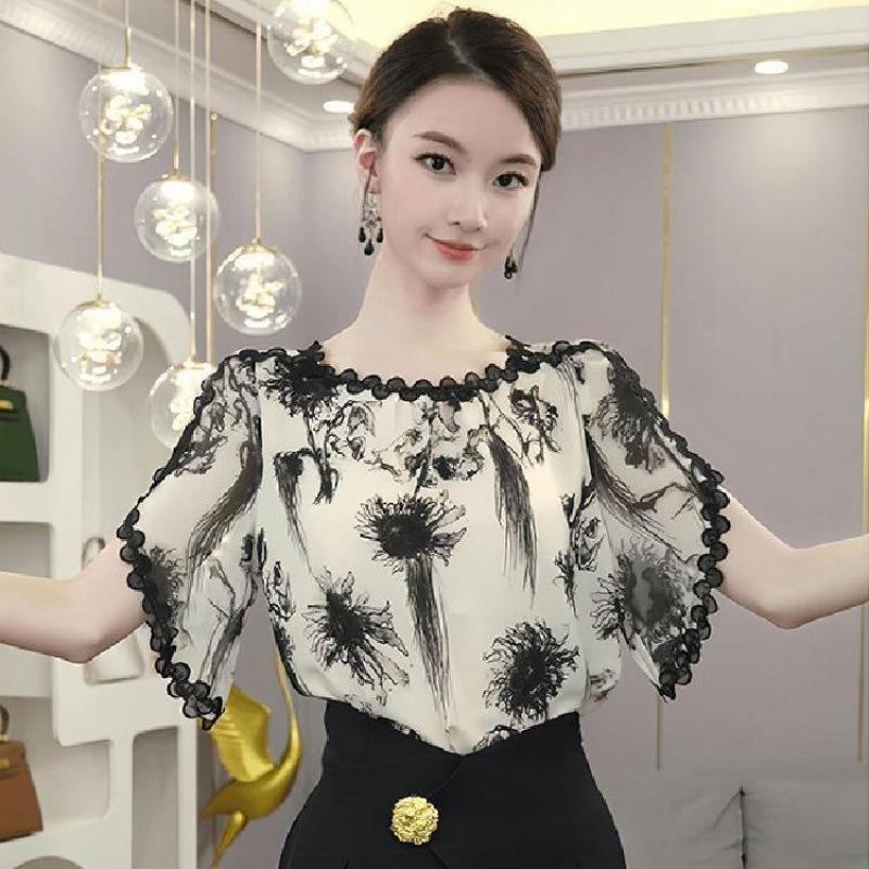 Lace Short Sleeve Shirt Summer Loose Fit Slimming Stylish Small Top Floral Edge Design
