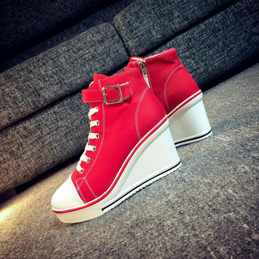 Pantofi cu pană din pânză high top pentru femei Pantofi cu șireturi din denim până la gleznă pentru femei Pantofi din pânză pentru gleznă pentru doamne Adidași cu toc de 8cm pentru femei