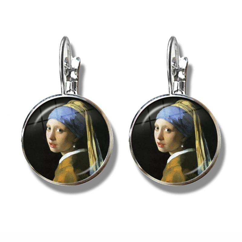 

New Fashion Earrings Vermeer Oil Painting Girl Wearing Pearl Stud Earrings Glass Cabochon Jewelry for Women Birthday Gift