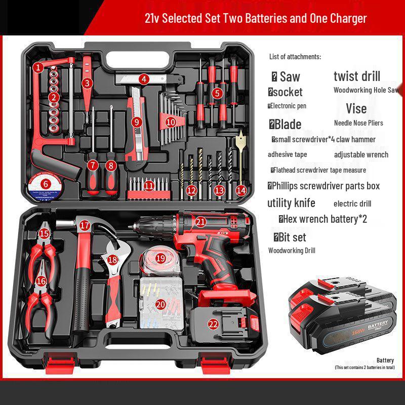 Cordless Lithium Battery Drill Hand Tool Set for Electricians & Carpenters - Multifunctional Repair Kit with Tool Box