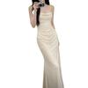 Sexy royal sister style solid color off-the-shoulder pleated suspender dress slim-fitting high-waisted hip-wrapped long dress women's summer wholesale