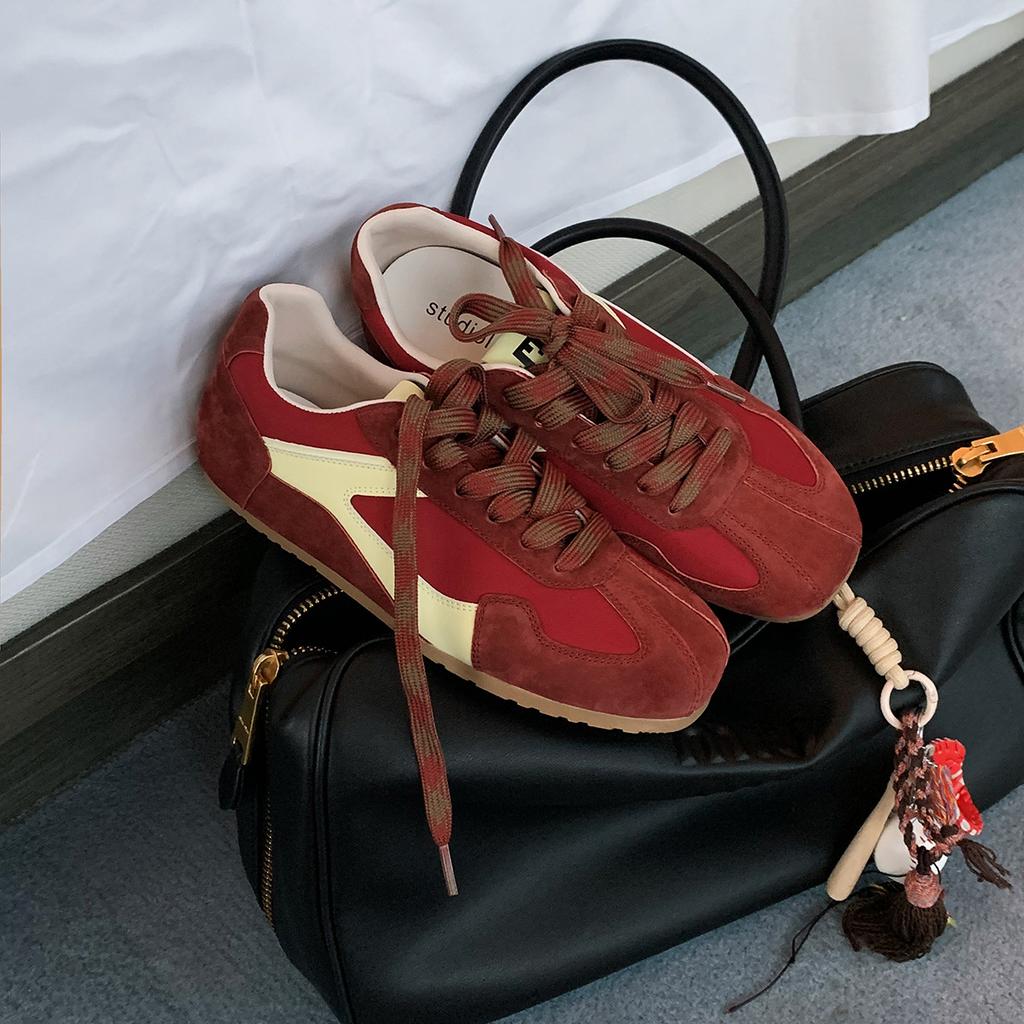 Whole cowhide~ grape mother leather retro contrasting color round square head casual style Forrest Gump training board shoes women's ins women's new m