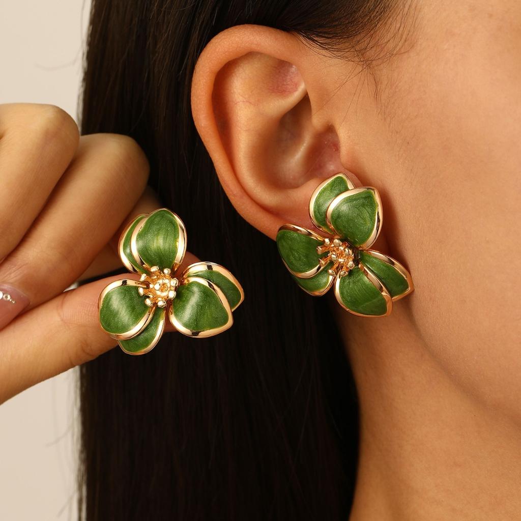 Layered Pink Enamel Flower Stud Earrings Gold Tone Trim Floral Earrings for Women