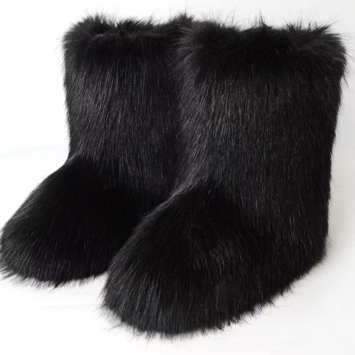 

European and American Faux Raccoon Fox Fur Mid-Calf Snow Boots - New Slip-on Winter Style 38