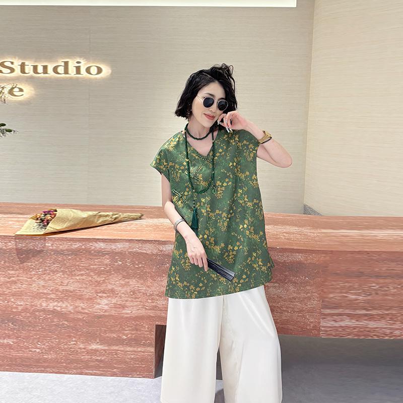 

Plus Size Sleeveless V-neck Frog Button Blouse - Trendy National Style for Women 3XL, suggests 120-150 jin