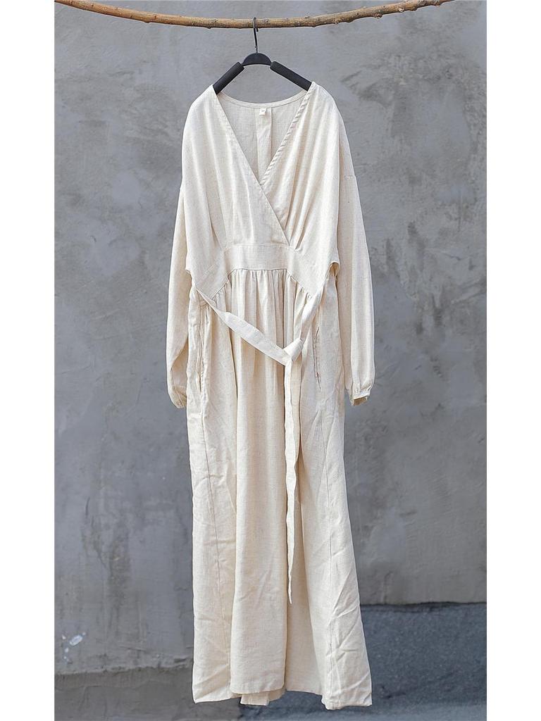 Women's Washed Bamboo Linen Chinese-Style Dress with Waist Seal, Available In 3 Colors