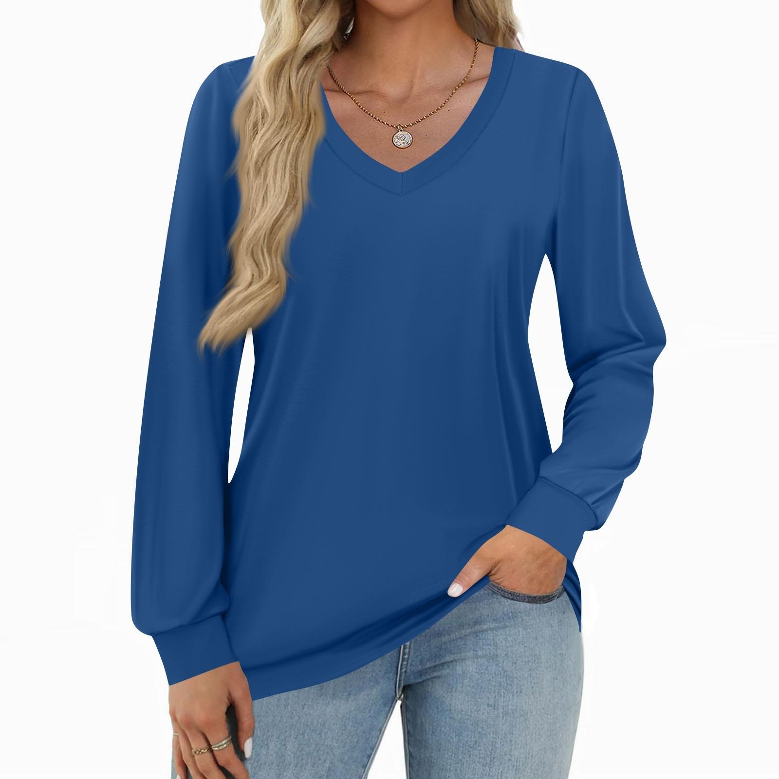 

Women s Fashion Casual Long Sleeve Solid Color Shirt Women s V-Neck Tops L синій