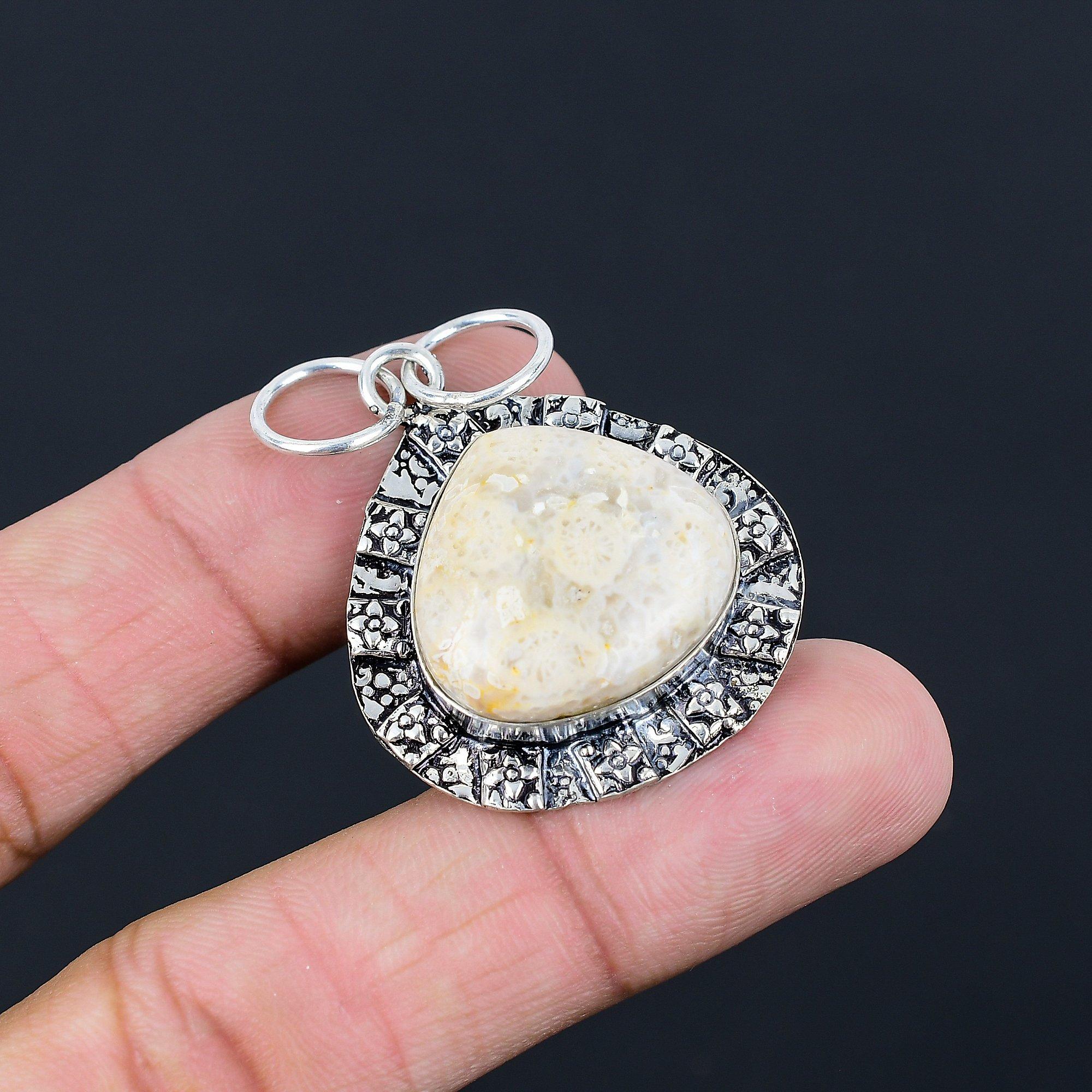 925 Sterling Silver Natural Fossil Coral Unique Engagement Wife Bezel Pendant