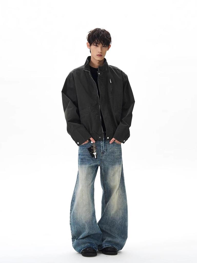 Unisex American Retro Canvas Bomber Jacket - Washed & Distressed Stand-Up Collar