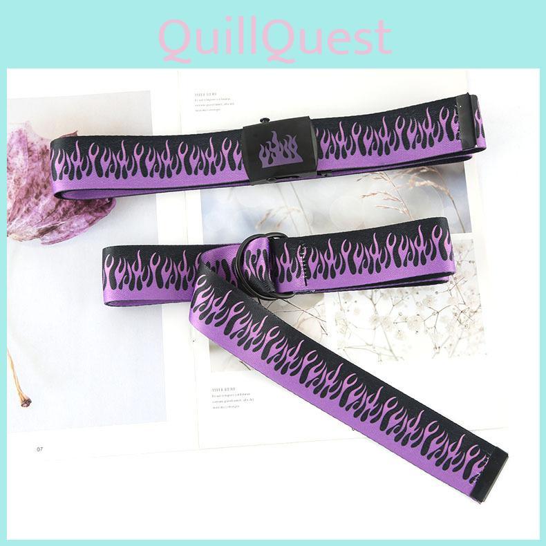 Hip Hop Purple Flame Canvas Belt With Smooth Iron Buckle For Men