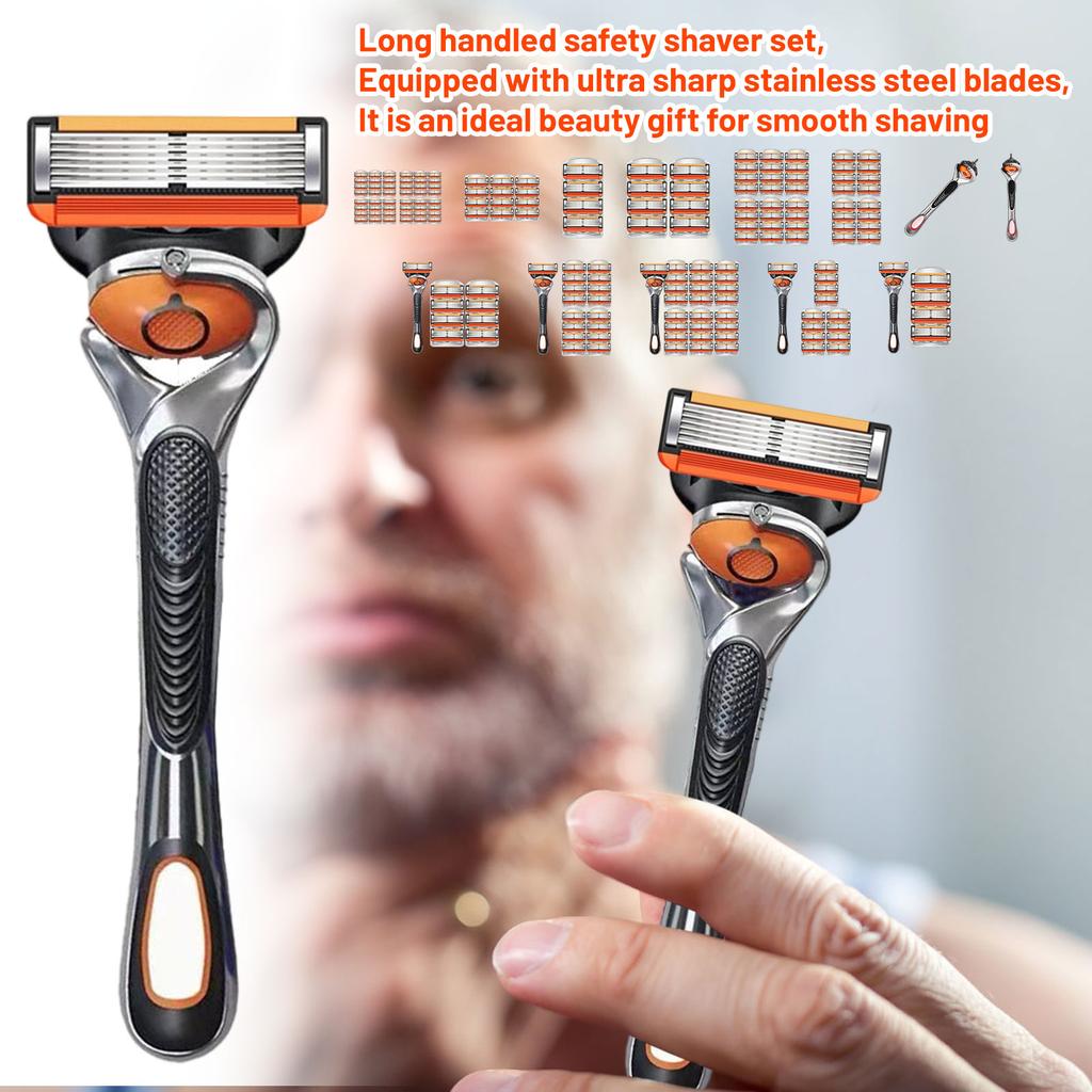 Piece Men's Razor- Blade- Replacement Set With Free Handle, Long Handle Safety Razor- Kit With Ultra Sharp Stainless Steel Blades, Ideal Grooming Gift