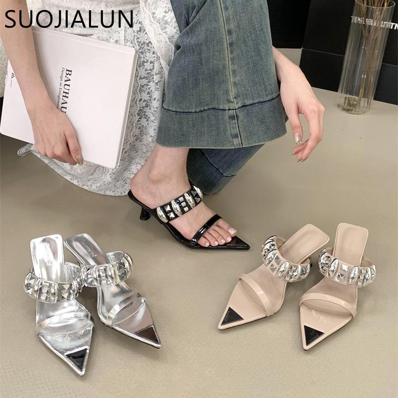 Fashion SUOJIALUN 2025 Summer New Brand Women Slipper Fashion Rivet Pointed Toe Slip On Ladies Slides Thin High Heel Outdoor Dress Sanda
