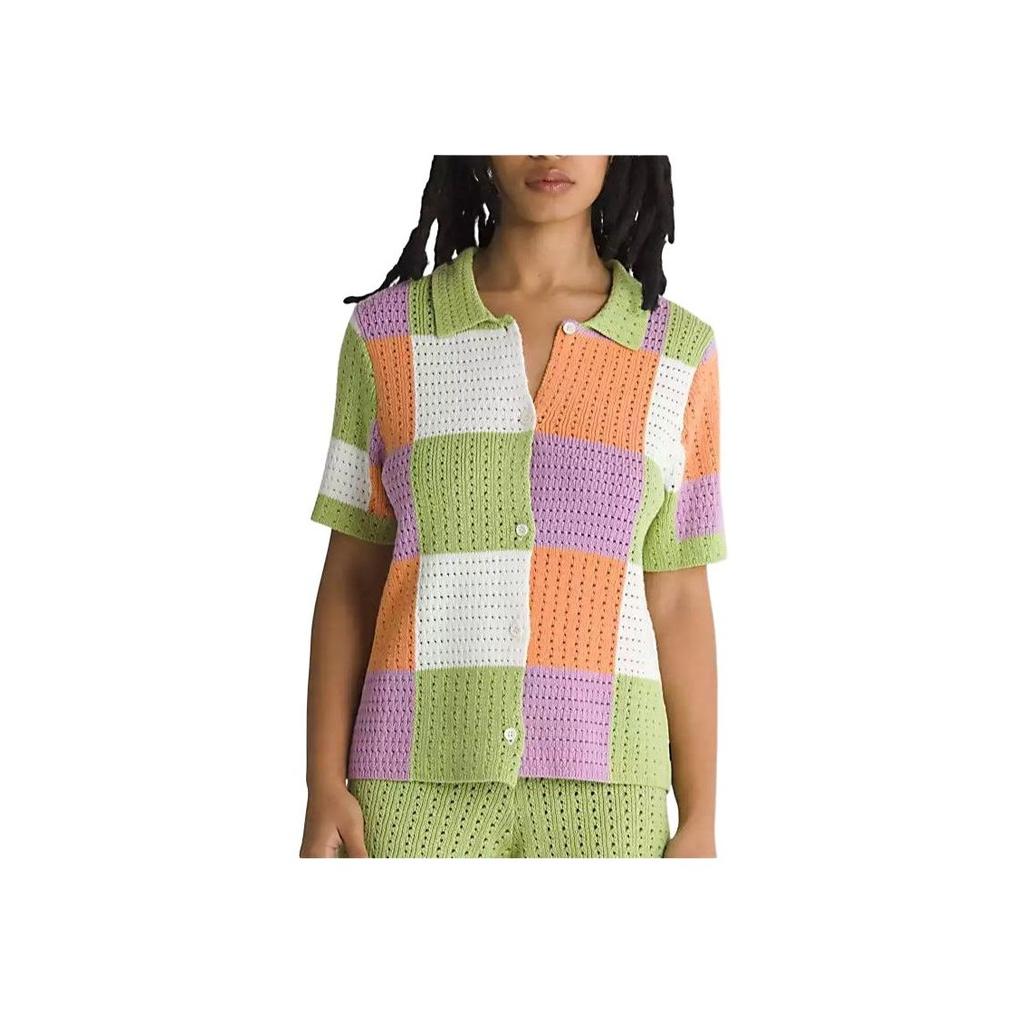 Vans Color-Block Plaid Button-Up Short Sleeve Sweater Women Tops Green VN000G3QCR0