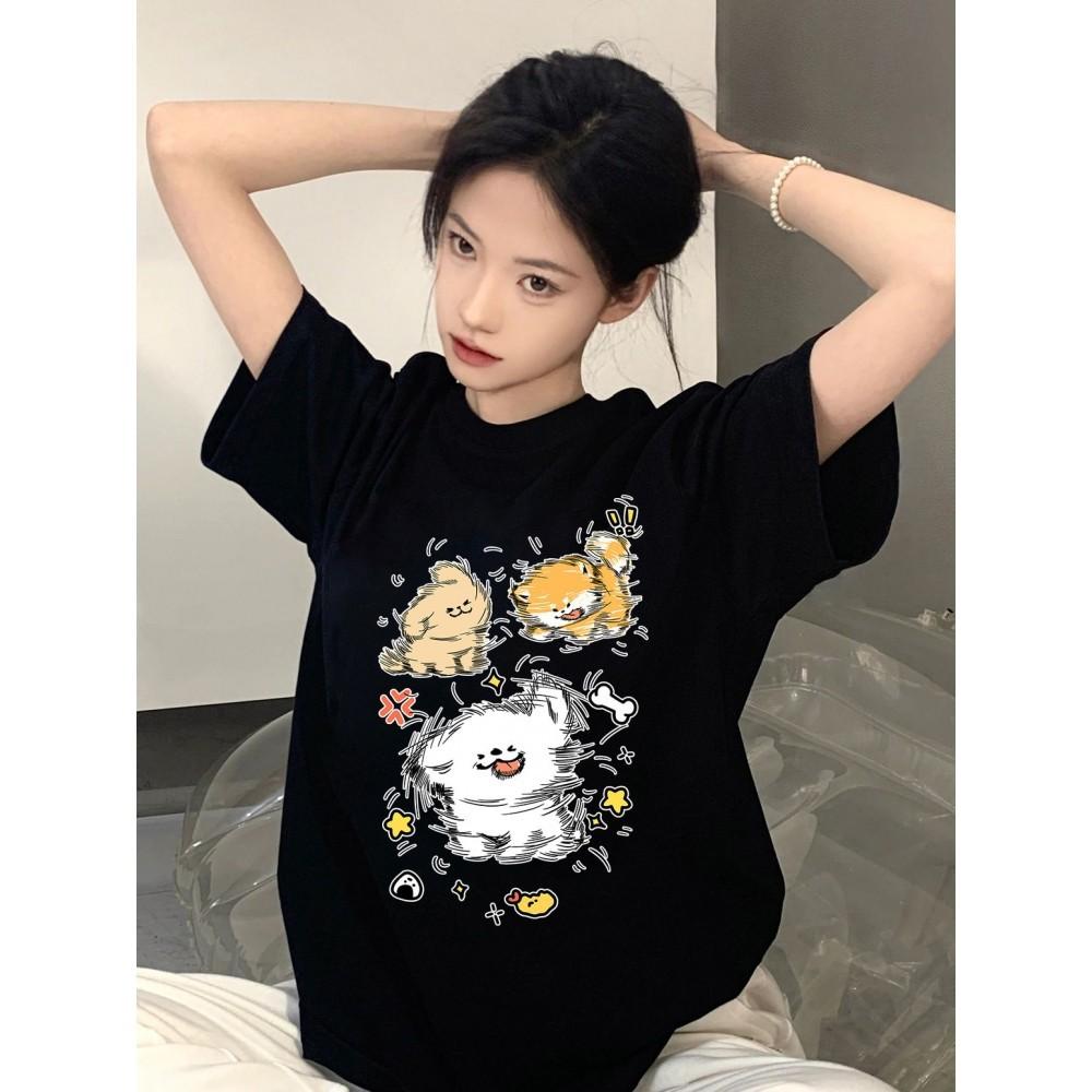 Pure cotton black short-sleeved women's t-shirt new popular summer unique design niche top loose t-shirt