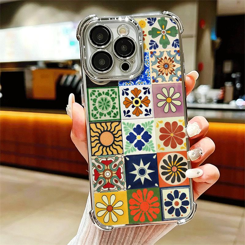 Italian Sicilian Style Floral Pattern Plating Phone Case For Iphone 16 17 Pro Max Air 16E 14 15 Plus 12 13 Mini Anti-Fall Airaba