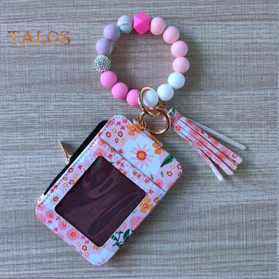 Ladies Floral Wristlet Wallet Boho Style Coin Purse Keychain with Tassel Elastic Beaded Wristlet Wallet with ID Card Window for Shopping Travel Daily