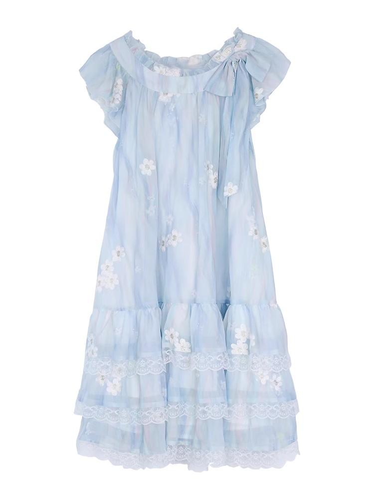 Französisches kleines Flugärmel-Blumen-Tüllkleid Kinder-Sommer Neu Kleines Temperament Prinzessin Kurzkleid