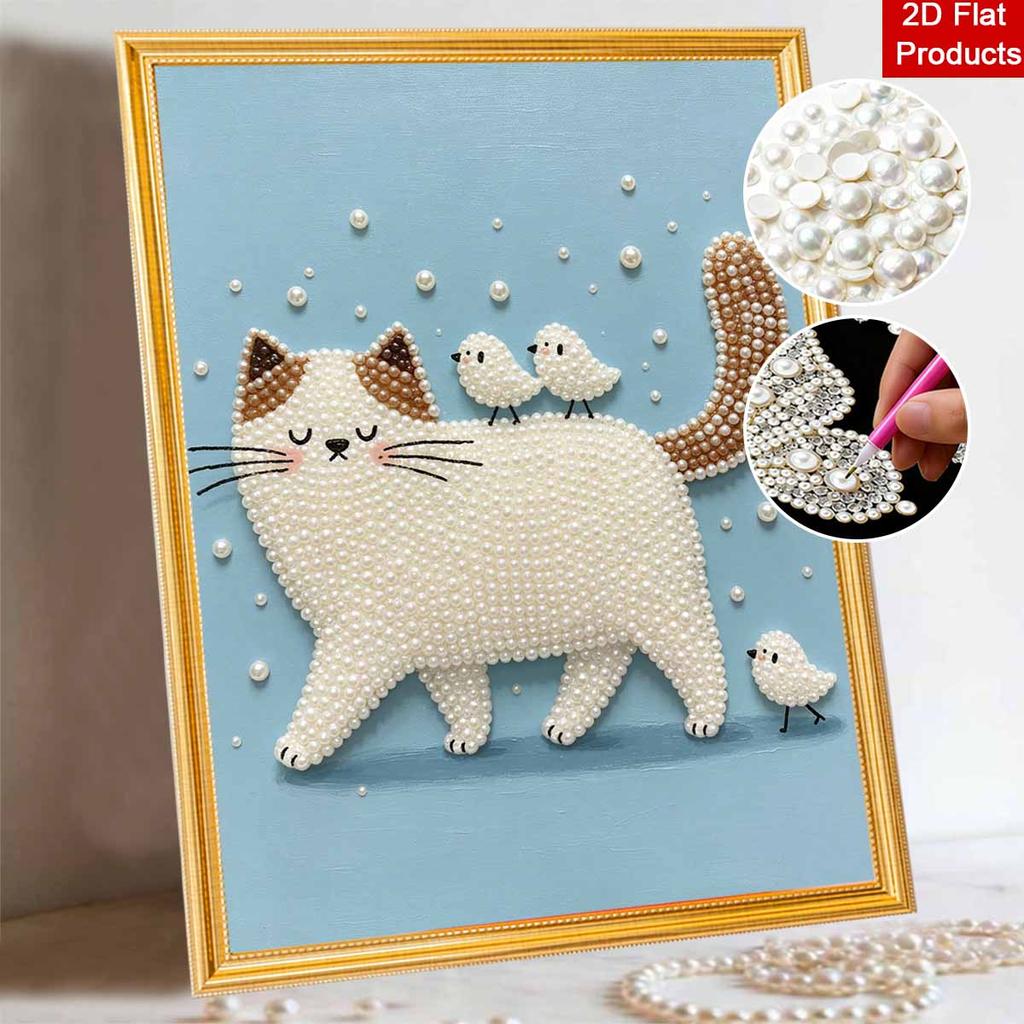 Easy DIY Framed Pearl Bead Painting Kit with Cute Cat and Little Birds 3D Sparkling Canvas Art for Home Decoration Gift Idea for Craft Fans