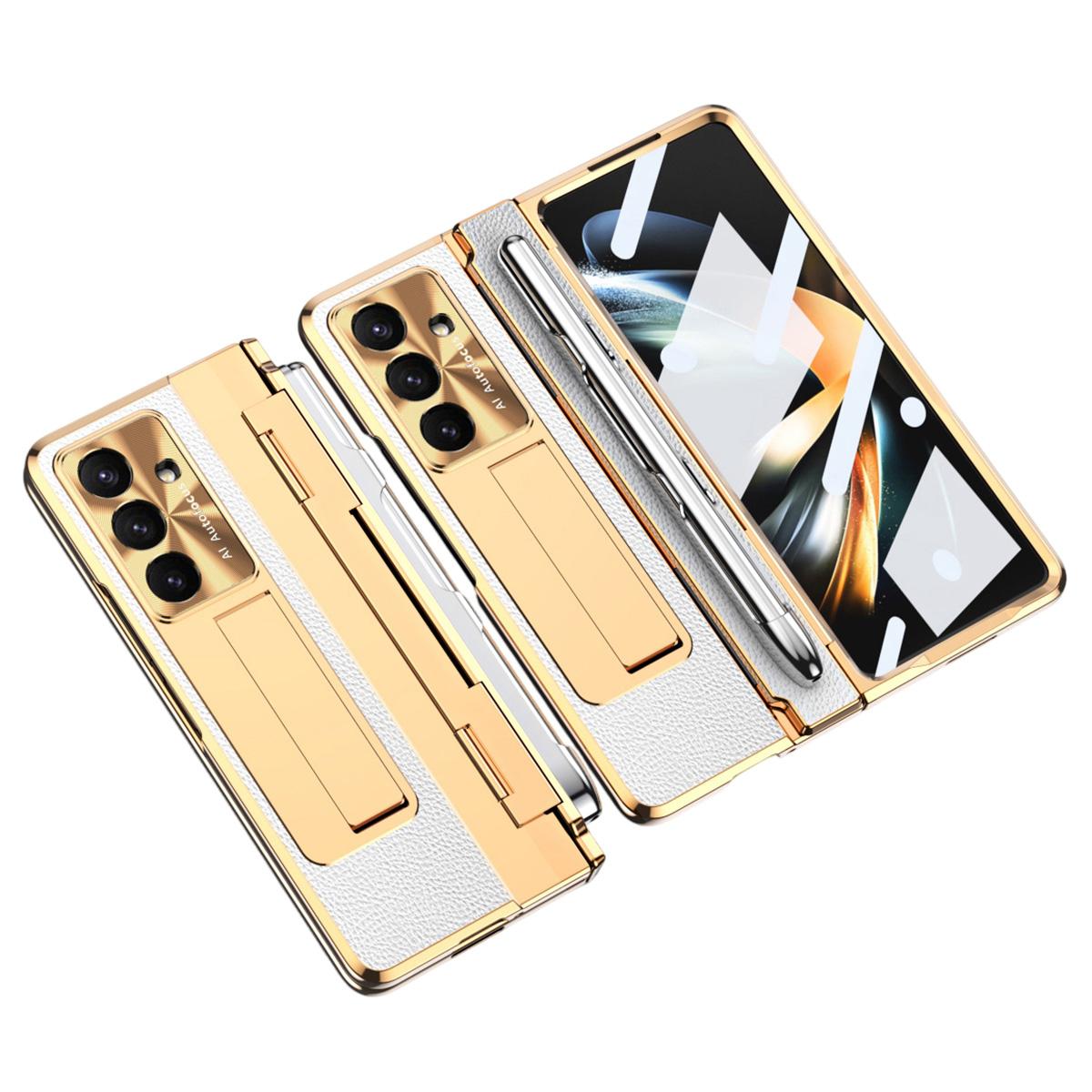 

For Samsung Galaxy Z Fold7 5G Case Kickstand Leather+PC Phone Cover with Tempered Glass Film/Stylus Gold+White