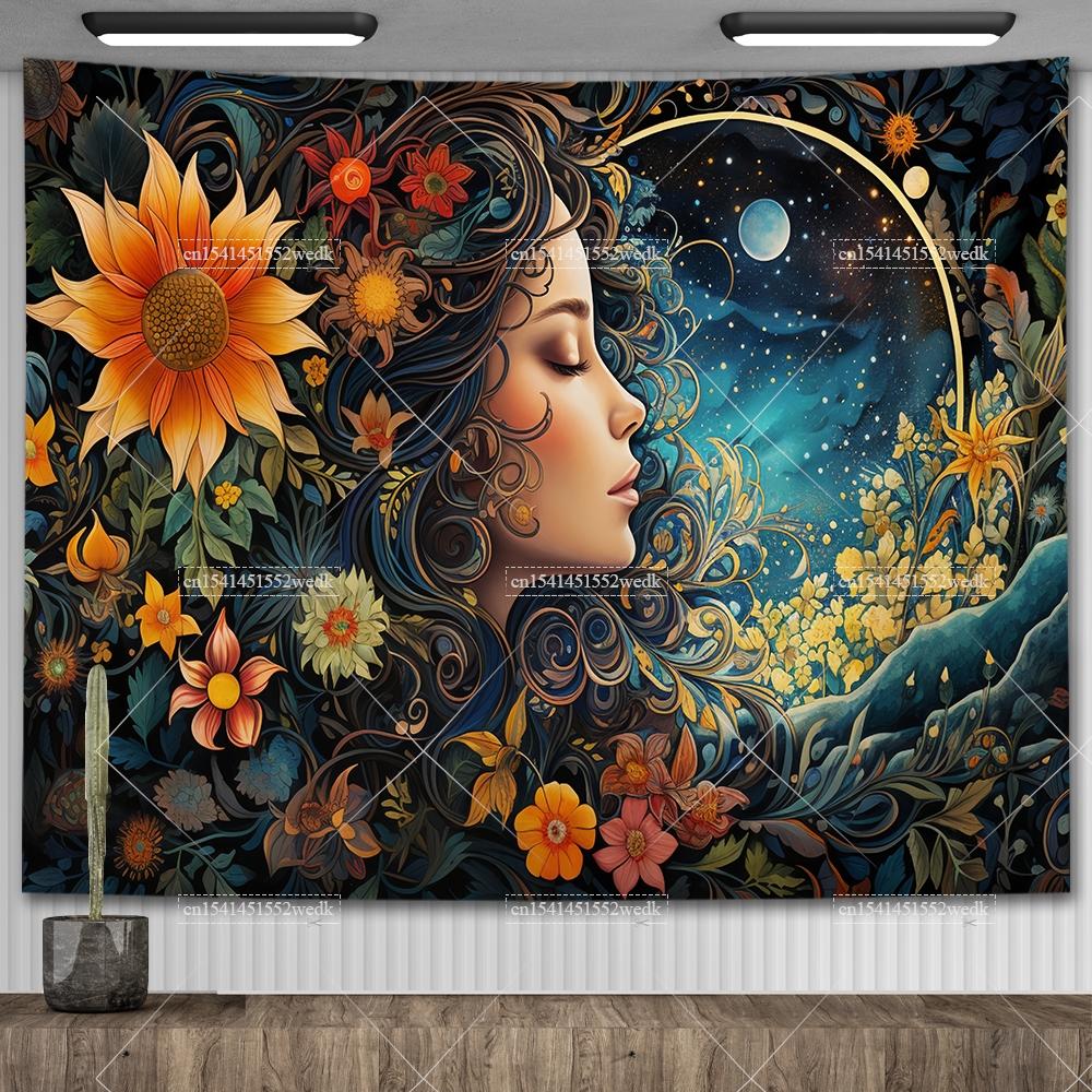 Tarot Tapestry Nordic Flower Series Room Background Cloth Moon Phase Wall Hanging Tapestries Living Room Bedroom Altar Cloths