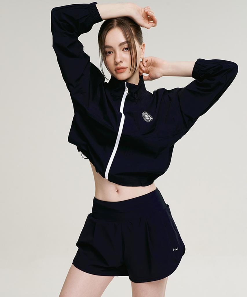 Leijibi [Set] Cool Touch Crop Women'S Zip-Up Rash Guard + 2-In-1 Shorts Set Black