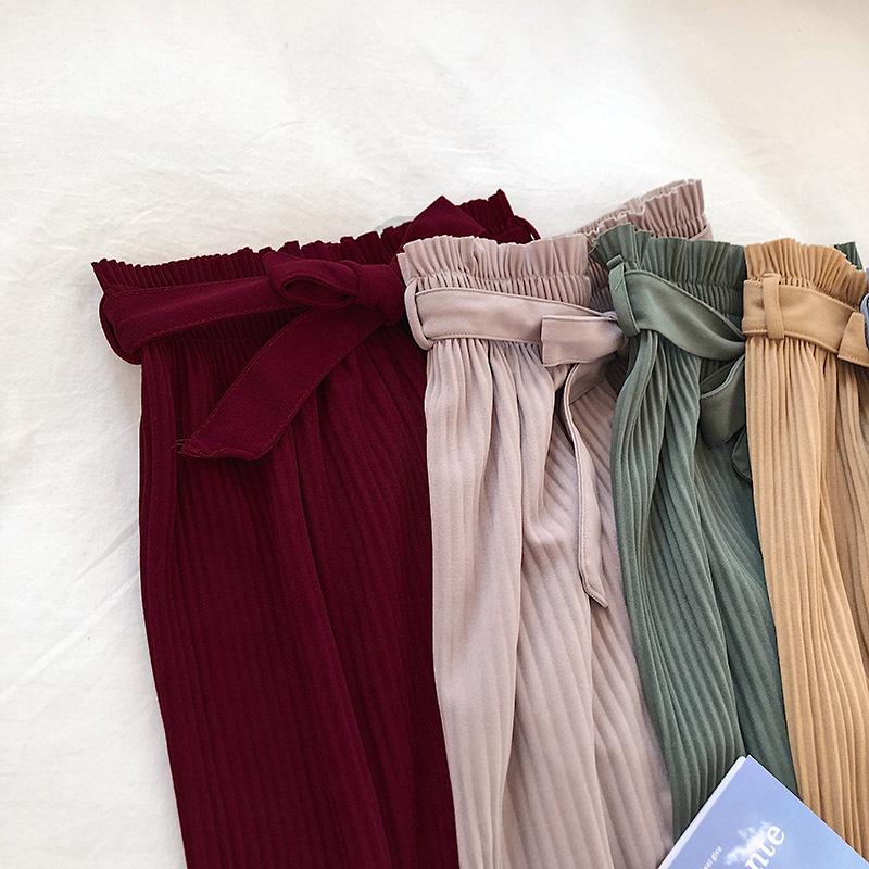 Women Autumn Pants Leg Wide Casual High Waist Pants With Bow Belt New Pleated Pant Trousers Femme
