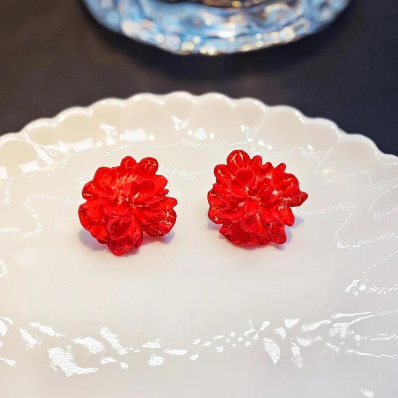 Hibiscus Dropped Glaze Flower Stud Earrings for Women Girl French Vintage Fashion Accessories Wedding Romantic Zircon Gifts