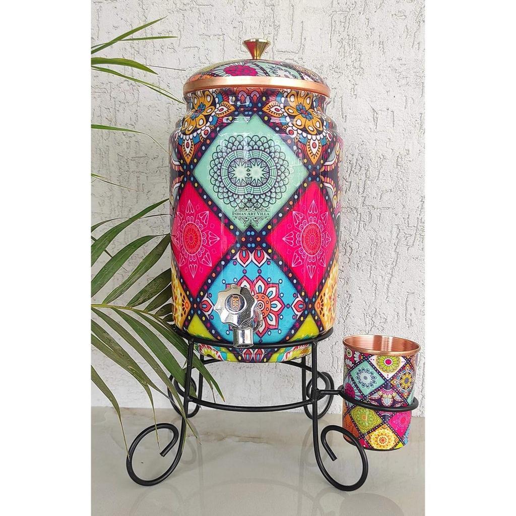 Pure Copper Colorful Diamonds Printed Design Water Pot Heavy Gauge with Brass Tap & Copper Glass & Stand, Storage & Serving Water, Volume- 5 Liters