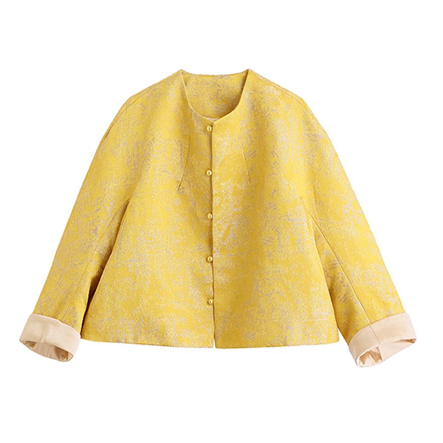 Design Sense Yellow Jacquard Crew Neck Jacket Women's Spring and Autumn New Retro Elegant Top
