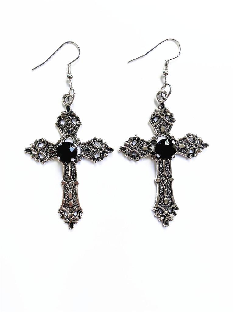 Popular Oversized Rhinestone Cross Earrings - Silver Tone Gothic Punk Fashion