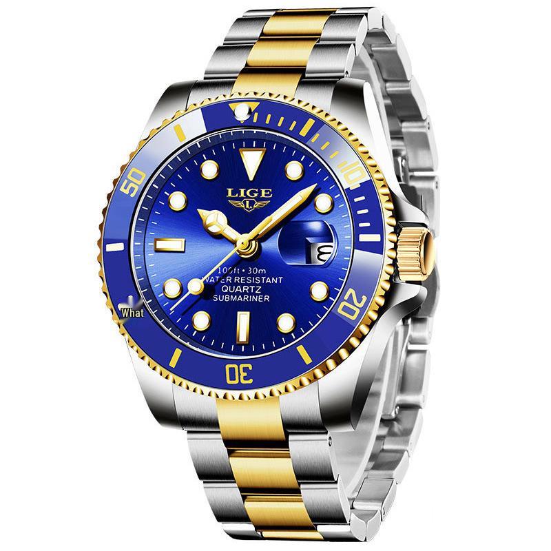 Мужские зеленые кварцевые часы Submariner: Большой циферблат, стальной браслет, модные и водонепроницаемые.