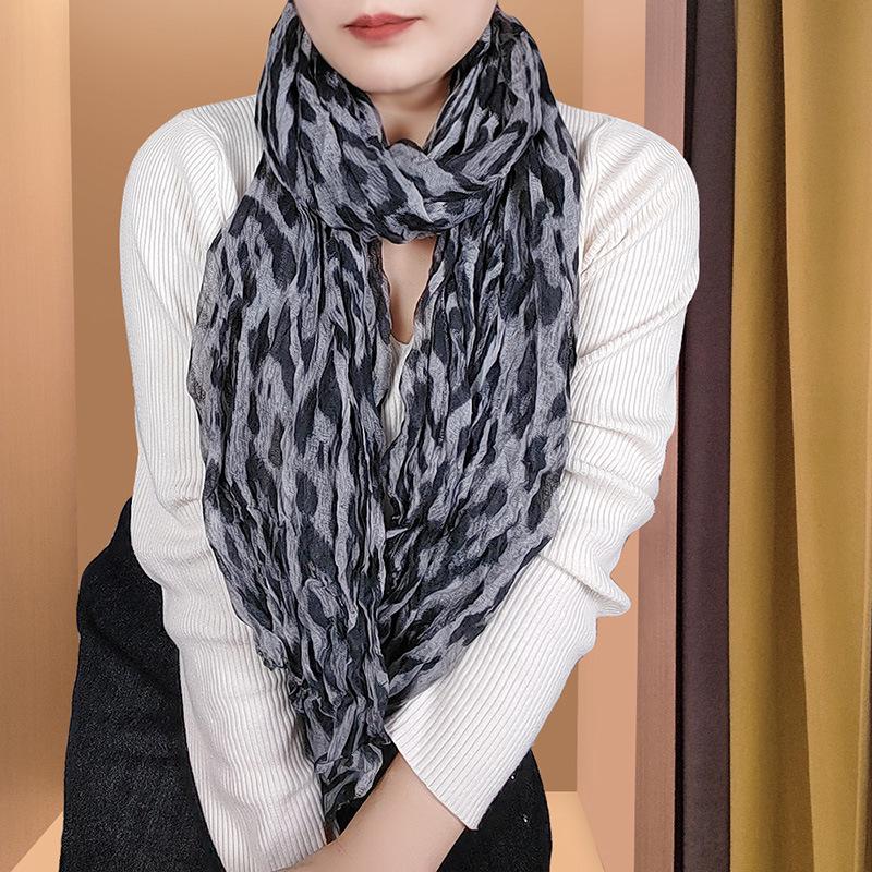 Women's Trendy Leopard Print Cotton Linen Pleated Scarf Shawl for All Seasons