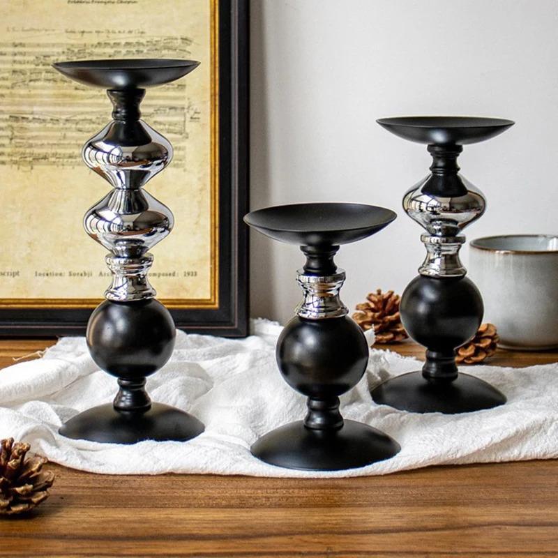 Black and Silver Two-Tone Metal Candlesticks, Set of 3 Modern Column Candlesticks for Centerpiece Home Decor