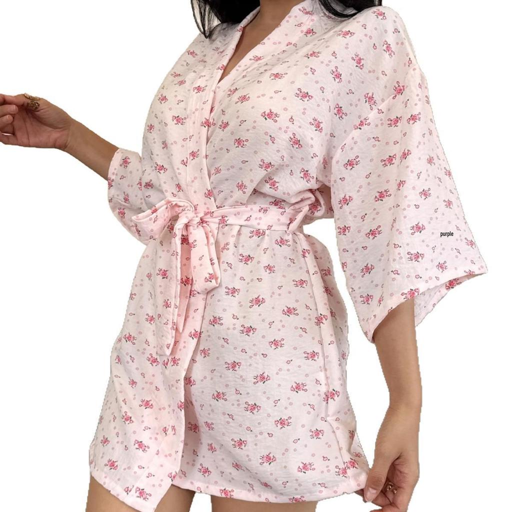 Women's Cloud Cotton Print Kimono Bathrobe - Bubble Gauze, Spring/Autumn Wear, European/American Style.