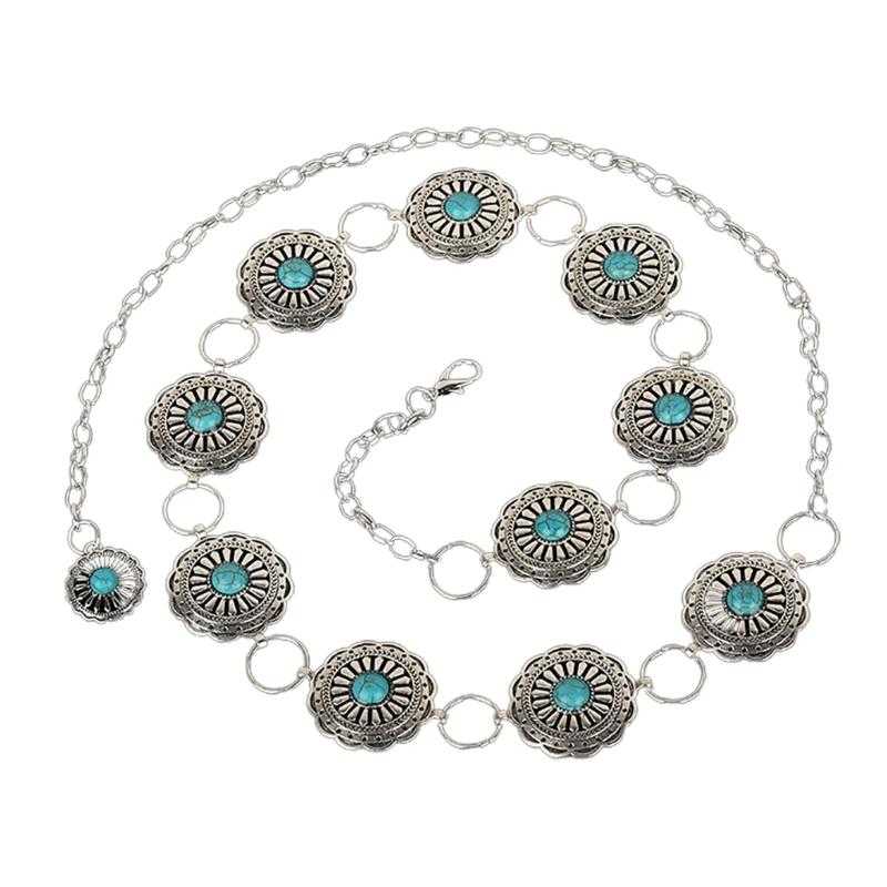 

Ethnic Style Metal Belt for Women Ladies Dress Belt with Carved Turquoise Buckle Female Prom Party Dress Waist Rope