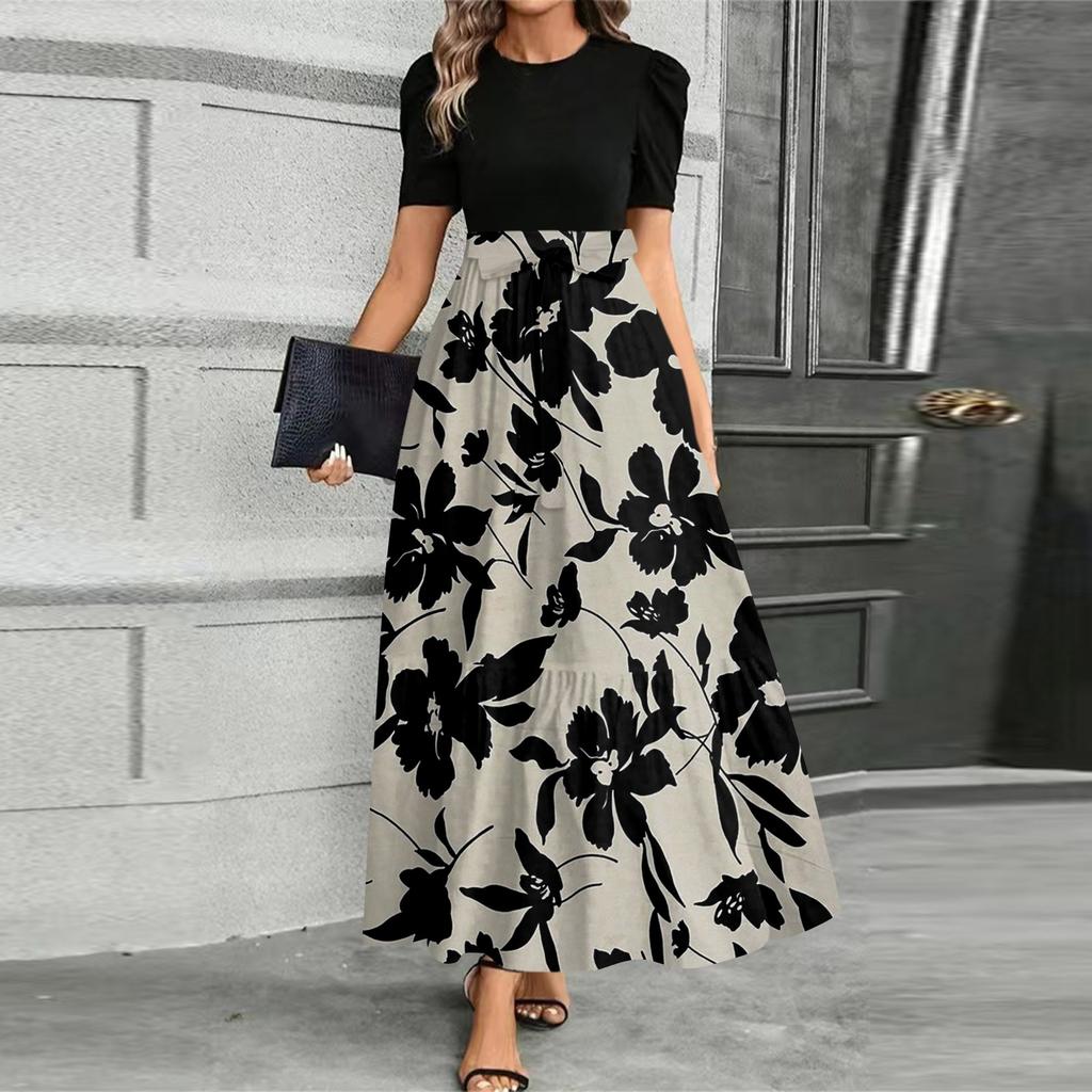 Women's Fashionable Casual Belt Short Sleeved Round Neck Print Elegant Temperament Dress