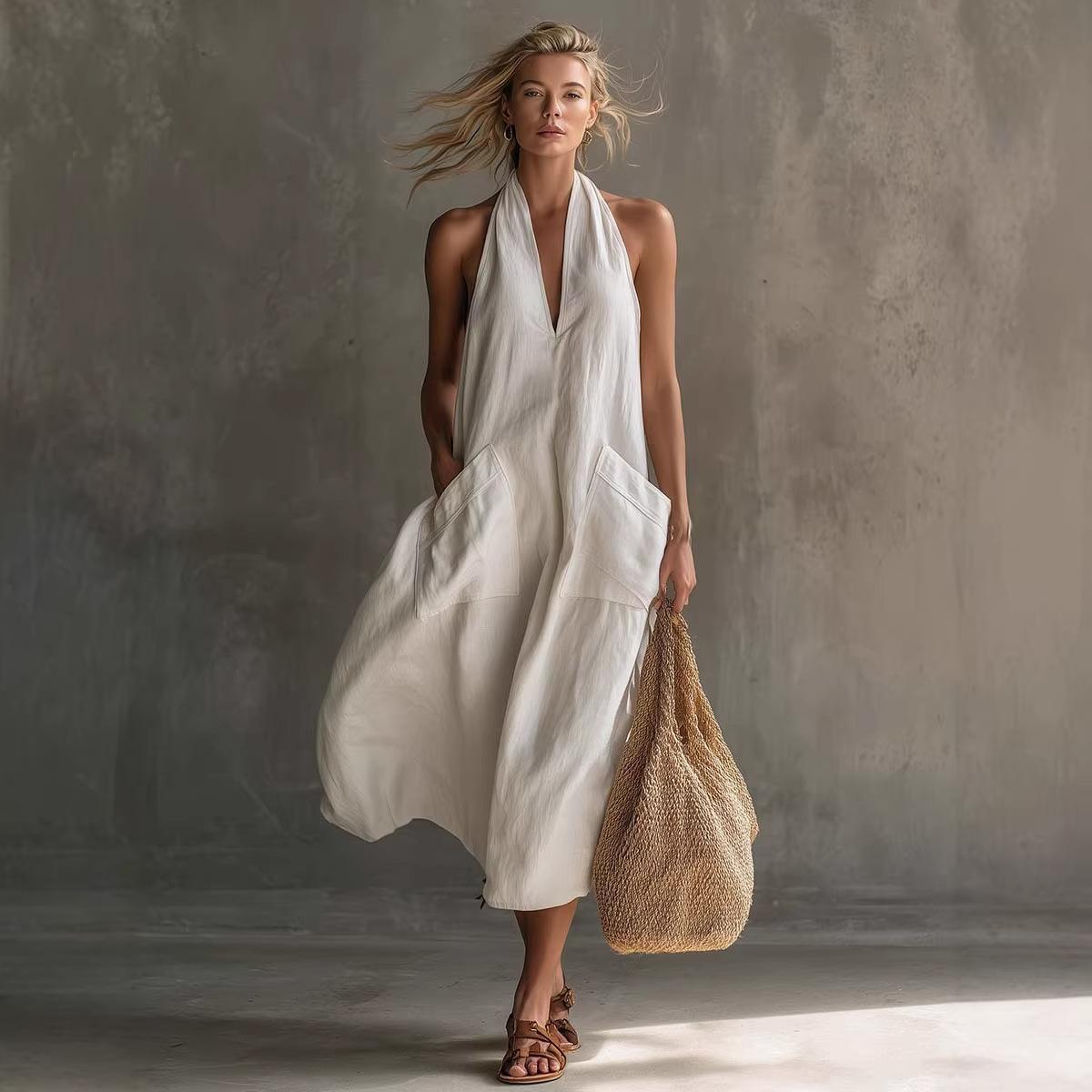 

White Halter Neck Sleeveless Maxi Dress with Deep V Neck and Side Pockets XS белый