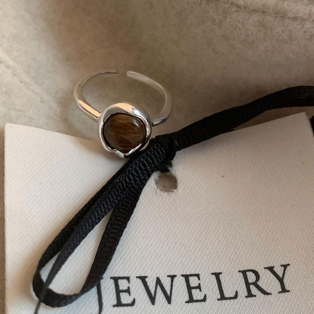 Light luxury s925 sterling silver open ring Light luxury tiger's eye stone niche solid special-shaped versatile ring
