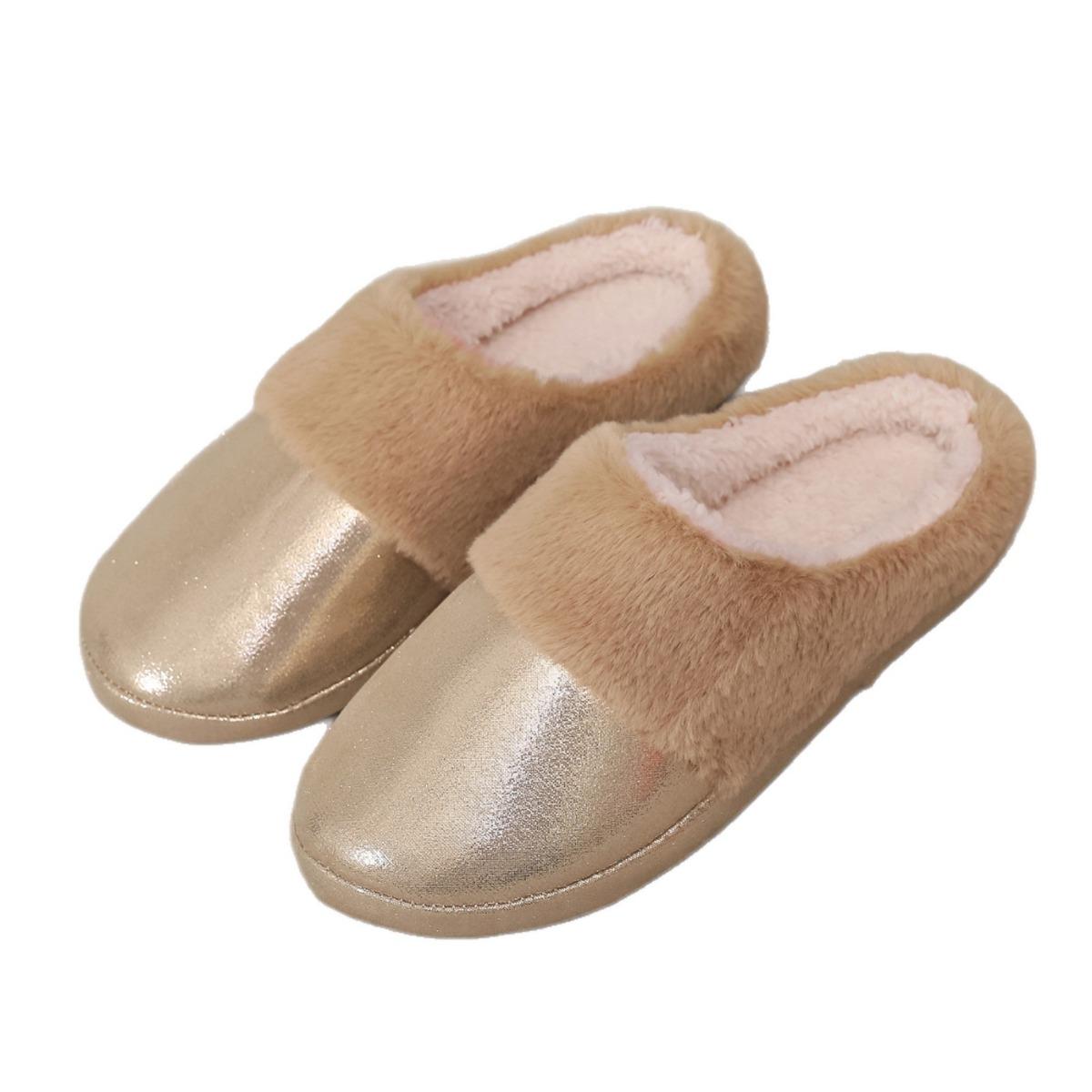 

Тапочки из искусственного меха, блестящей кожи и хлопка для мужчин и женщин на осень и зиму, противоскользящие, теплые и толстые, домашние тапочки 42-43 золотой