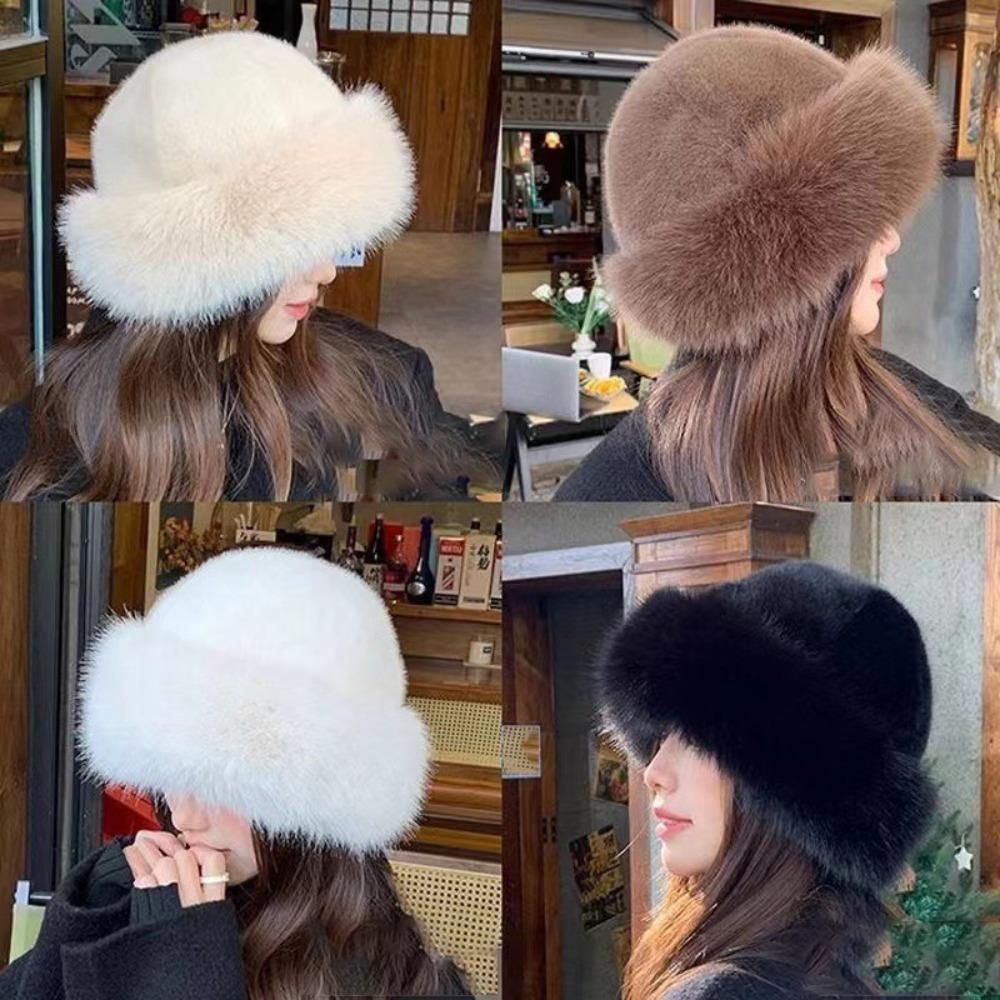 New Fluffy Fur Winter Hat Plush Thicken Bucket Hat Solid Color Cold Windproof Berets Chrismas Gifts