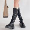 Fashion retro style thick heel leather boots belt buckle platform boots women's autumn and winter fashion high heel knight boots trend