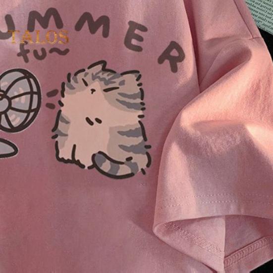 Damen T-Shirt mit Rundhalsausschnitt, kurzärmelig, Cartoon-Katzen-Muster, lockere Passform, Freizeit, Party, Pullover, Tops