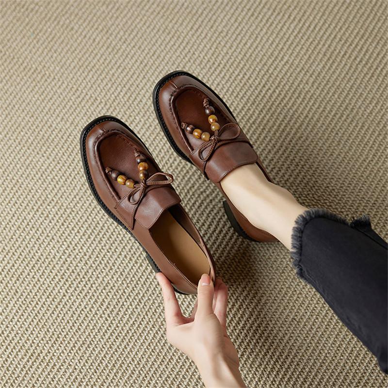 Fashion New Spring/autumn Genuine Leather Women Shoes Round Toe Loafers Shoes for Women Fashion Bow Women Pumps Shoes Chunky High Heel