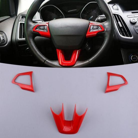 Fit For Ford Focus 2015-2018 ABS Red Steering Wheel Button Frame Cover Trim 3PCS