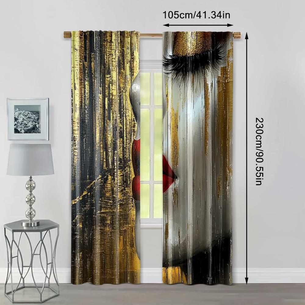 Set Of 2 Spring Summer Curtains Facial Reflexes Red Lips Black Eyelashes Women Urban Landscapes Semi Curtain Light Filtering Made Polyester