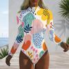 Women Plus Size Long Sleeve High Neck Half Zip Floral Print One Piece Swimsuit