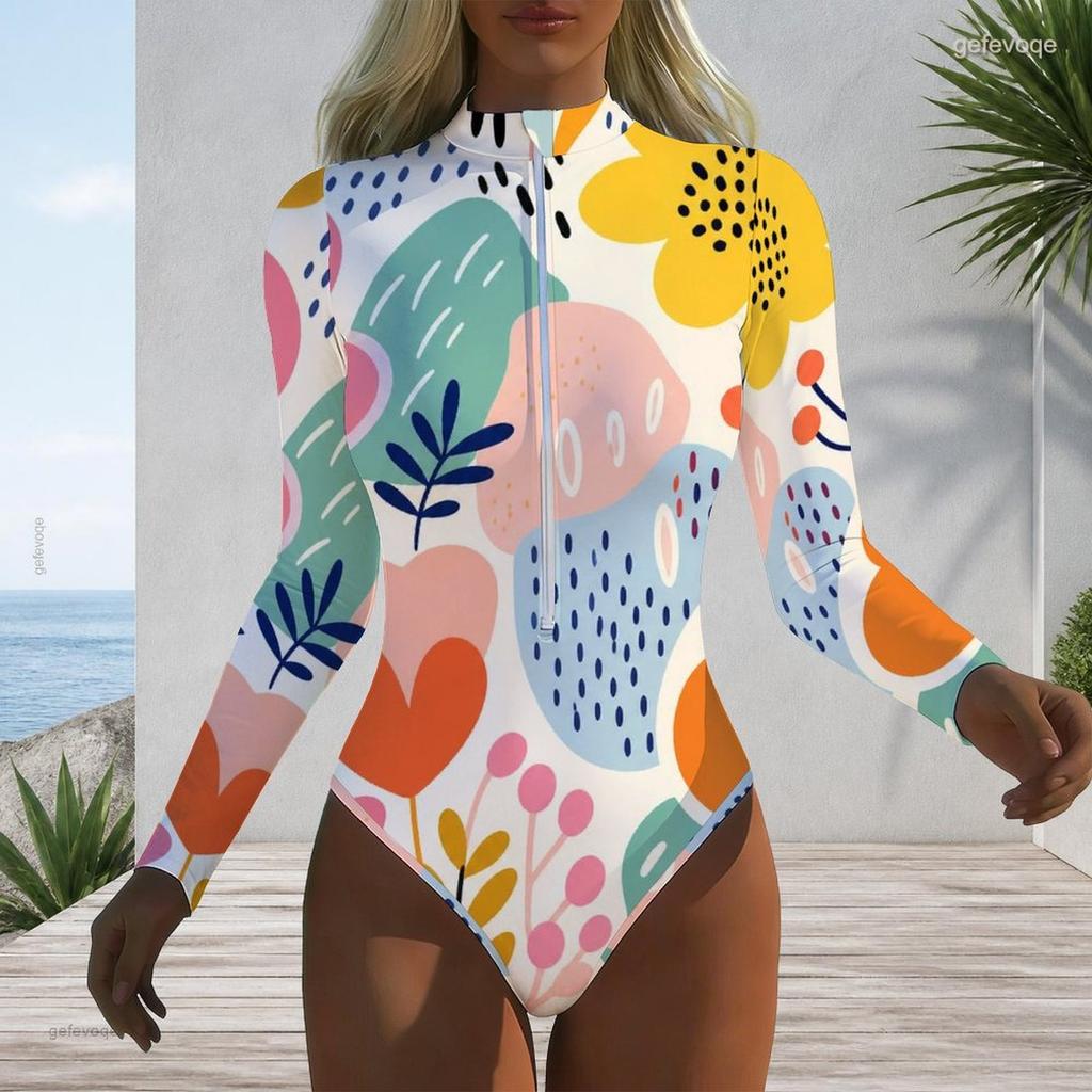 Women Plus Size Long Sleeve High Neck Half Zip Floral Print One Piece Swimsuit