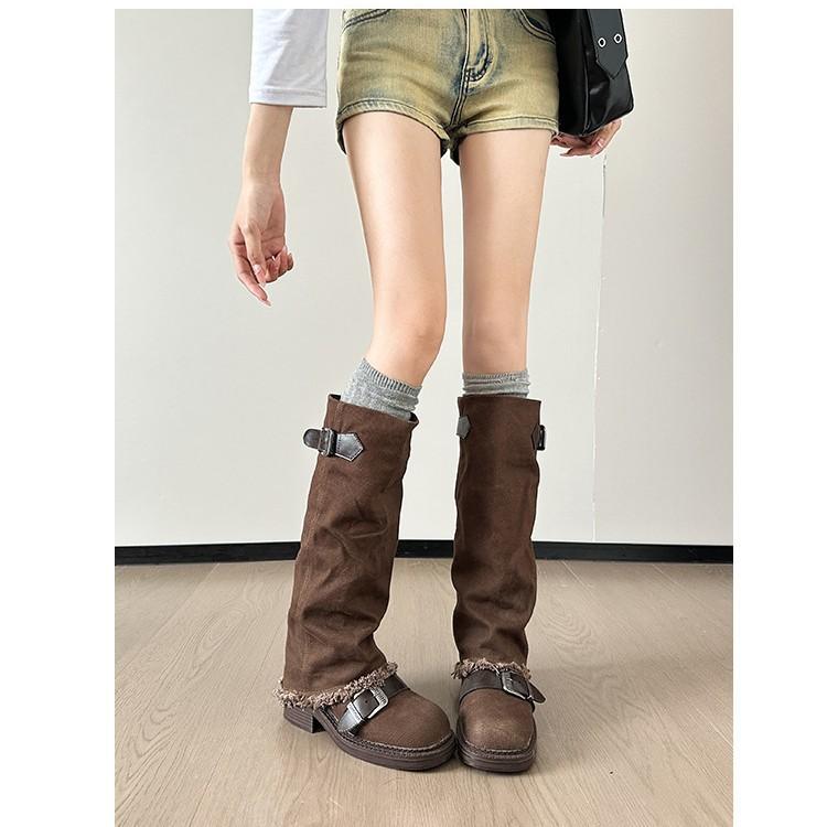 Vintage Round Head Belt Buckle Versatile Thick Heel Sleeve Cowboy Boots Wasteland Wind Pile Tall Maillard Platform Boots
