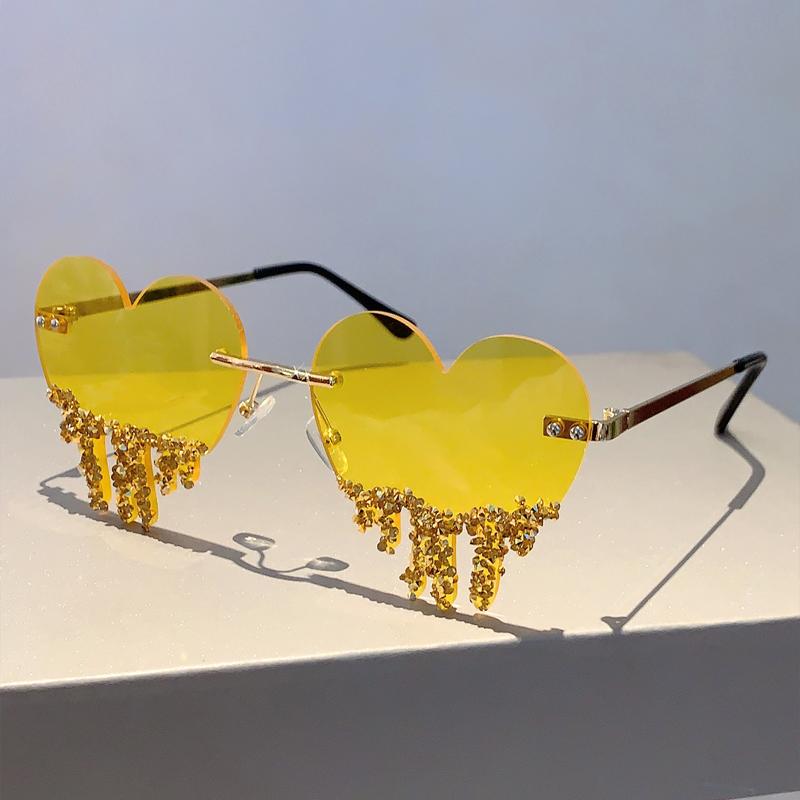1/2 Pairs Heart Shaped Sunglasses with Rhinestones Women Fashion Rimless Rave Shades Trendy Original Design Sun Glasses