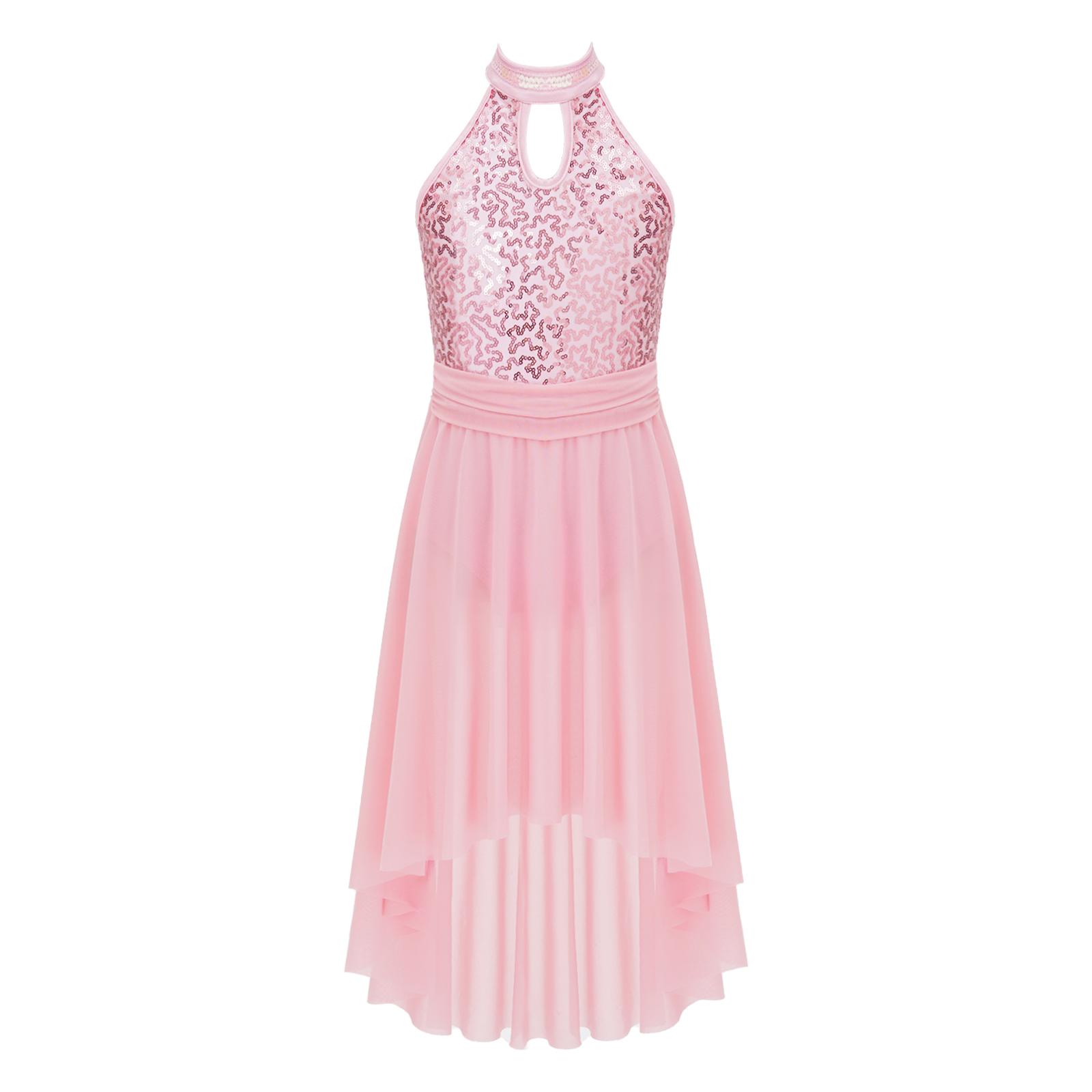 

Танцевальное платье для девочек без рукавов с открытой спиной, круглым вырезом, блестящими пайетками, неровным подолом, дизайном вуали 7-8 Years розовый
